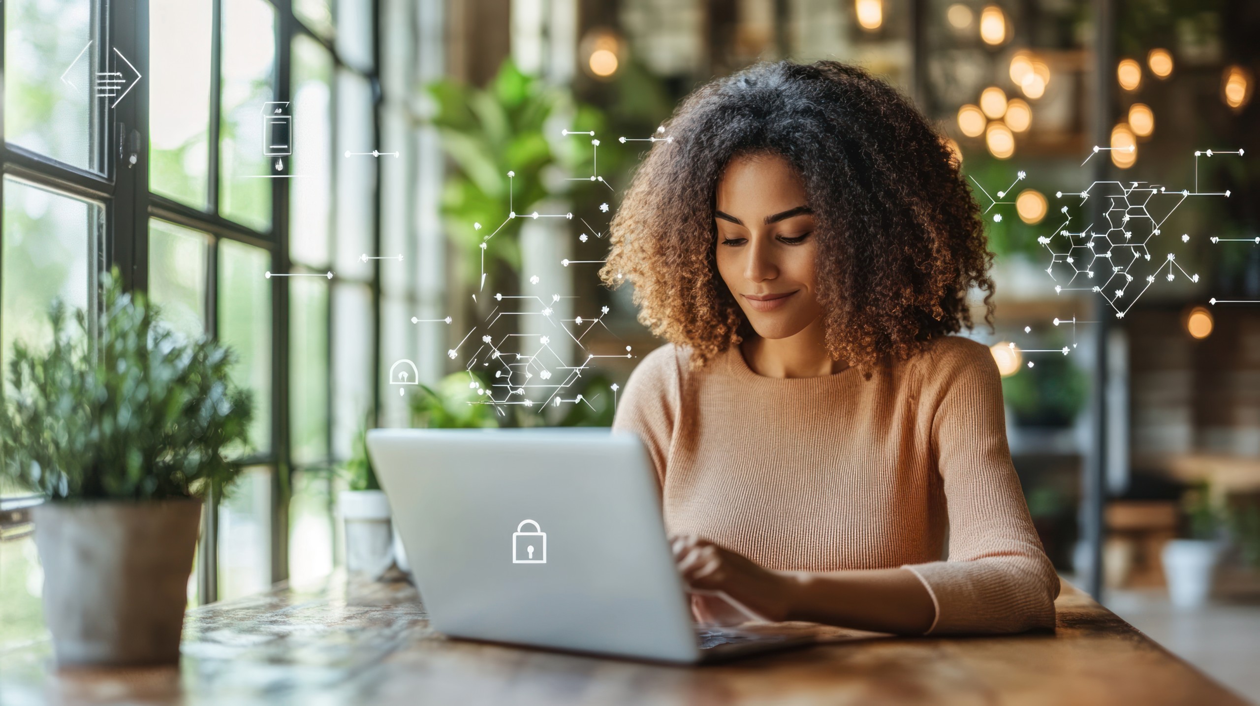 Young woman working on laptop in cafe, digital security concept. Digitale Werkzeuge: Die Basis für eine strukturierte Unternehmensnachfolge