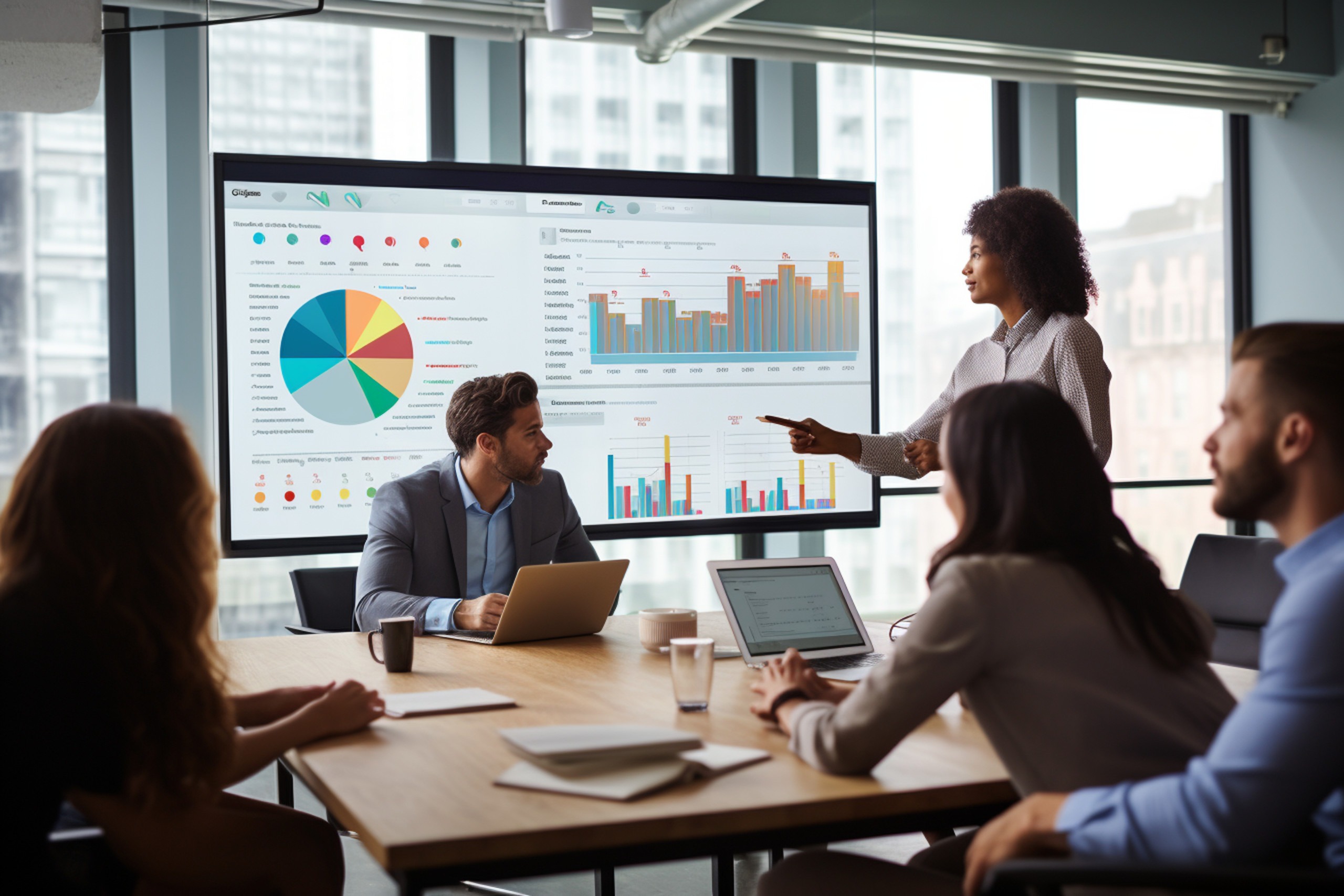 A focused business meeting with a presenter showcasing data on a screen, fostering data-driven discussions Generative AI Beispiele für innovative Technologien im Einsatz
