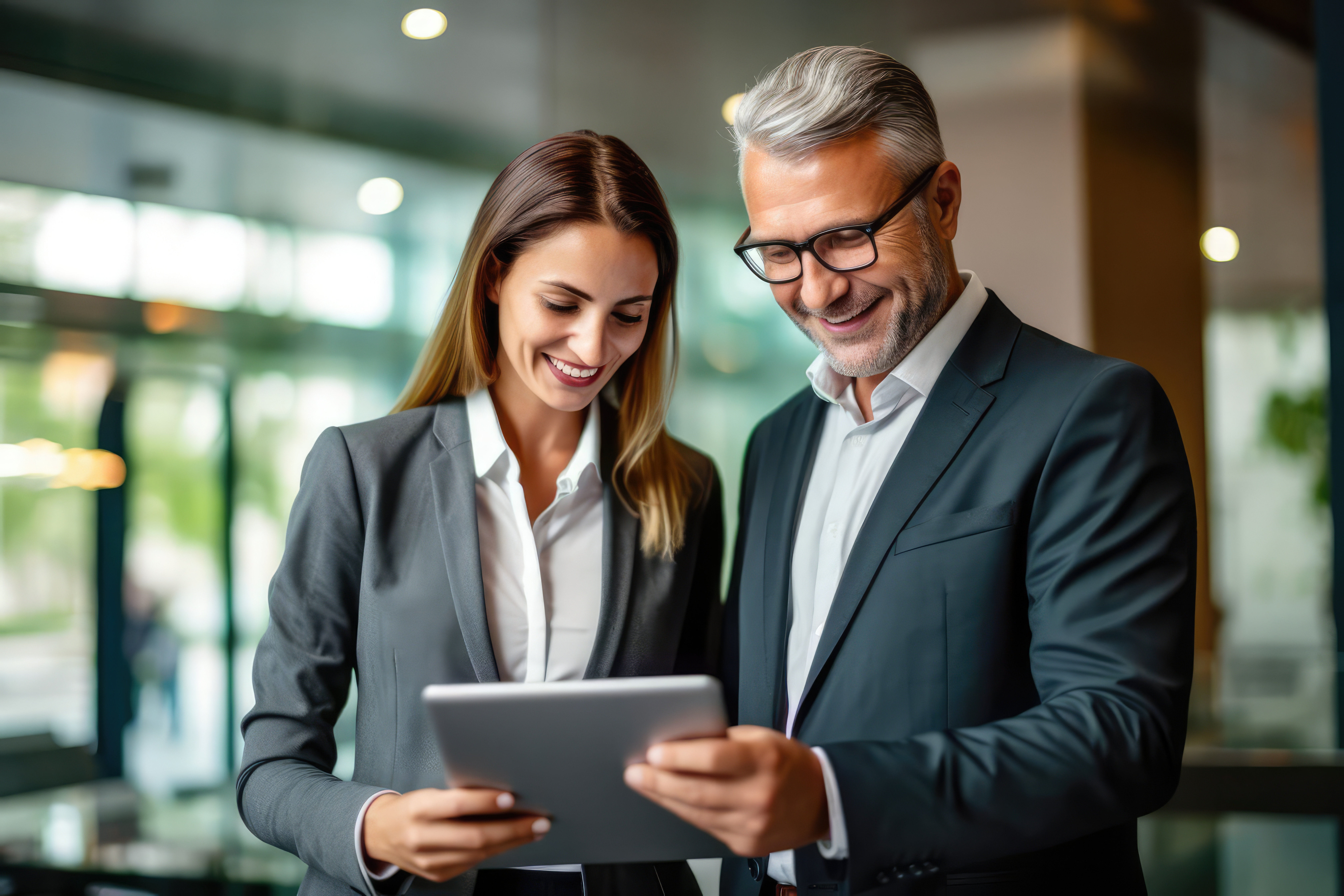 Two happy professional business people team working using digital tablet tech Warum digitale Technologien in der Unternehmensnachfolge immer wichtiger werden