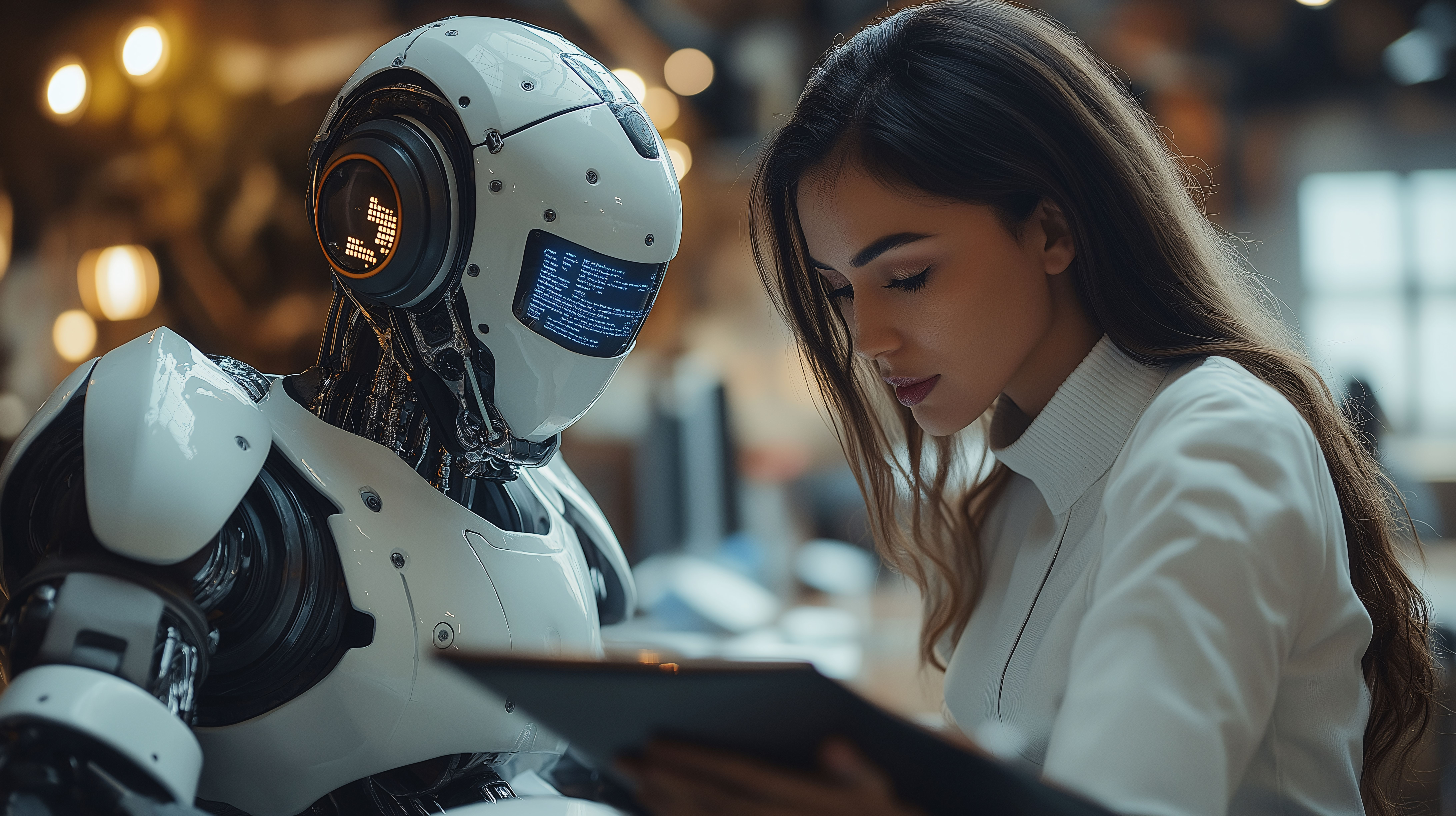 A humanoid robot and a human professional working together at a modern office desk, reviewing digital data on a computer screen KI-gestützte Analysen und Unternehmensbewertungen
